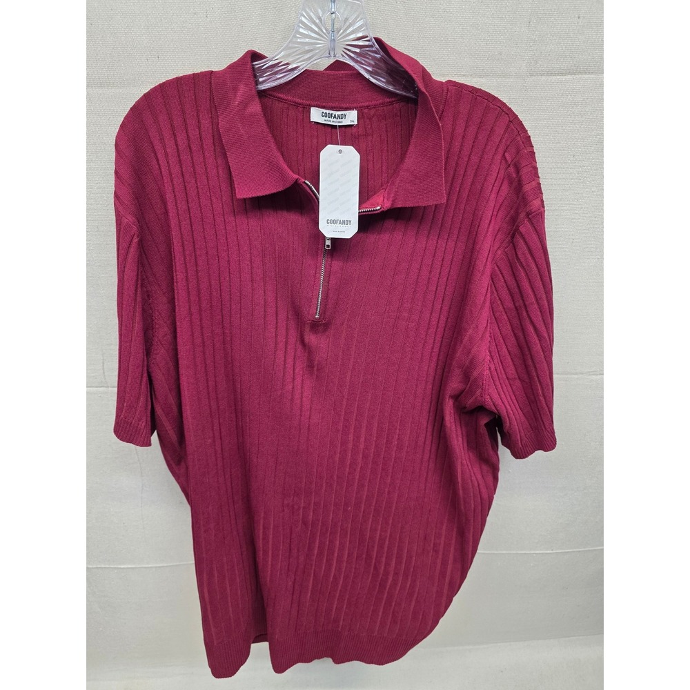 COOFANDY Mens Ribbed Knit Quarter Zip Polo Shirt Burgundy‎ 3XL New
